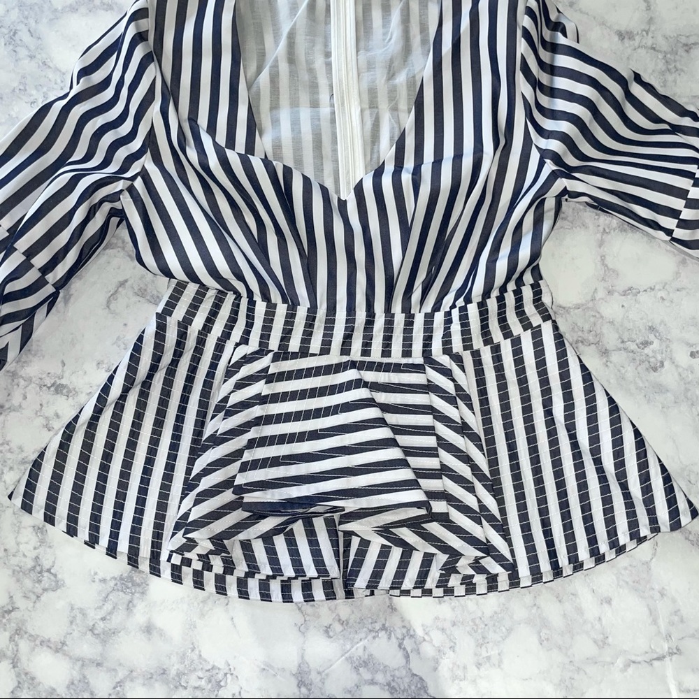 New Central Park West Balloon Sleeve Layered Peplum Striped Cotton Shirt - Picture 4 of 16